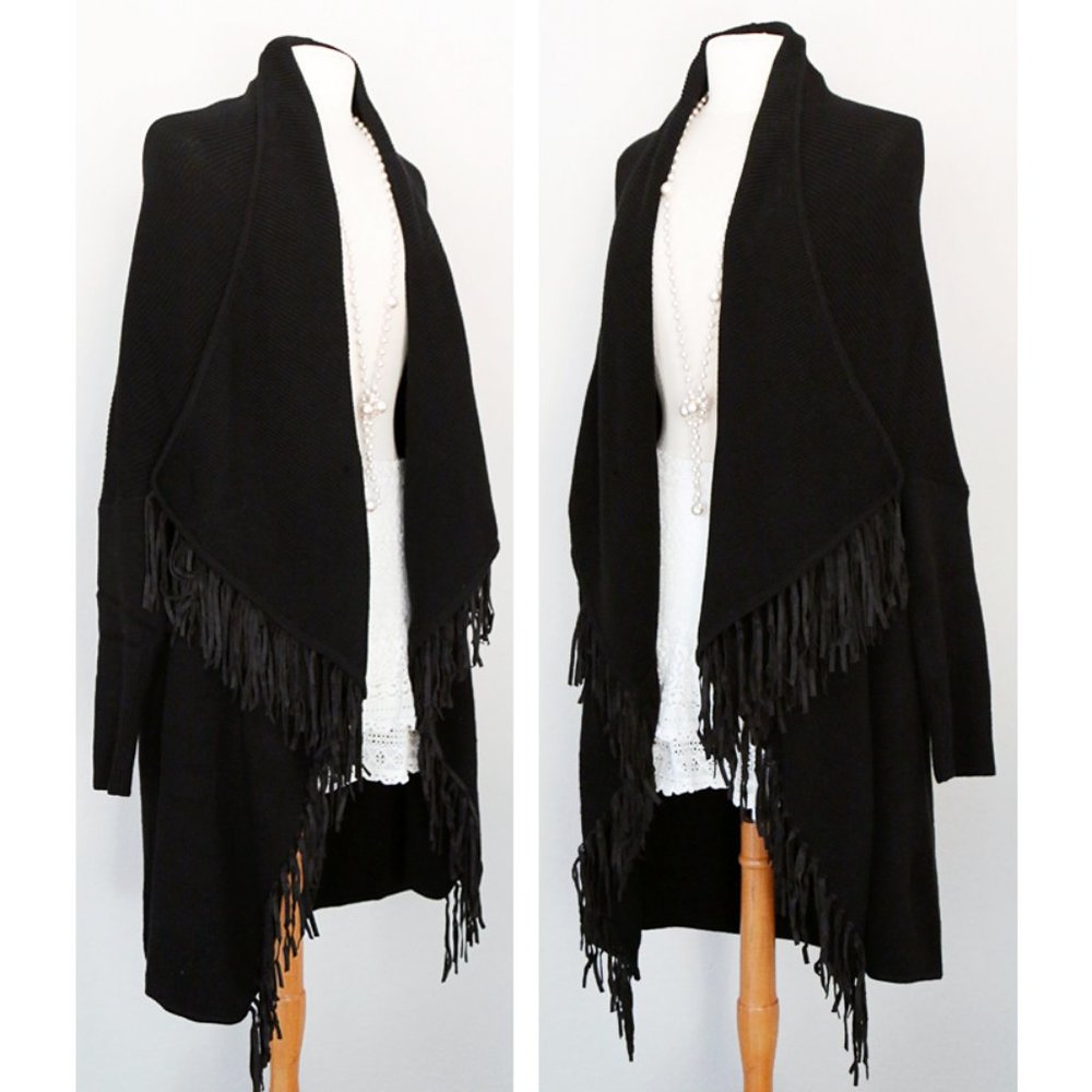 Faux Suede Fringed Waterfall Open Long Cardigan